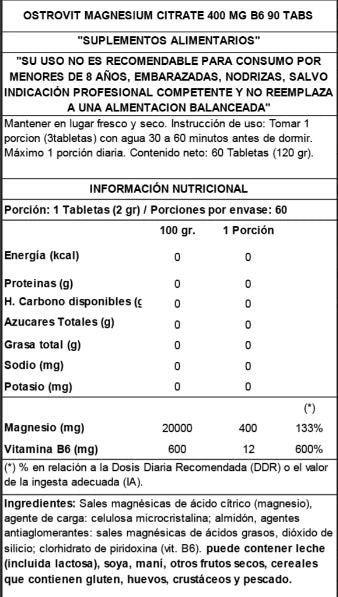 CITRATO DE MAGNESIO 400 mg + B6 - OSTROVIT / 90 TABS
