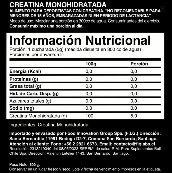 CREATINA MONOHIDRATADA 600 GR - BUFFALO LABZ / 120 SERVICIOS