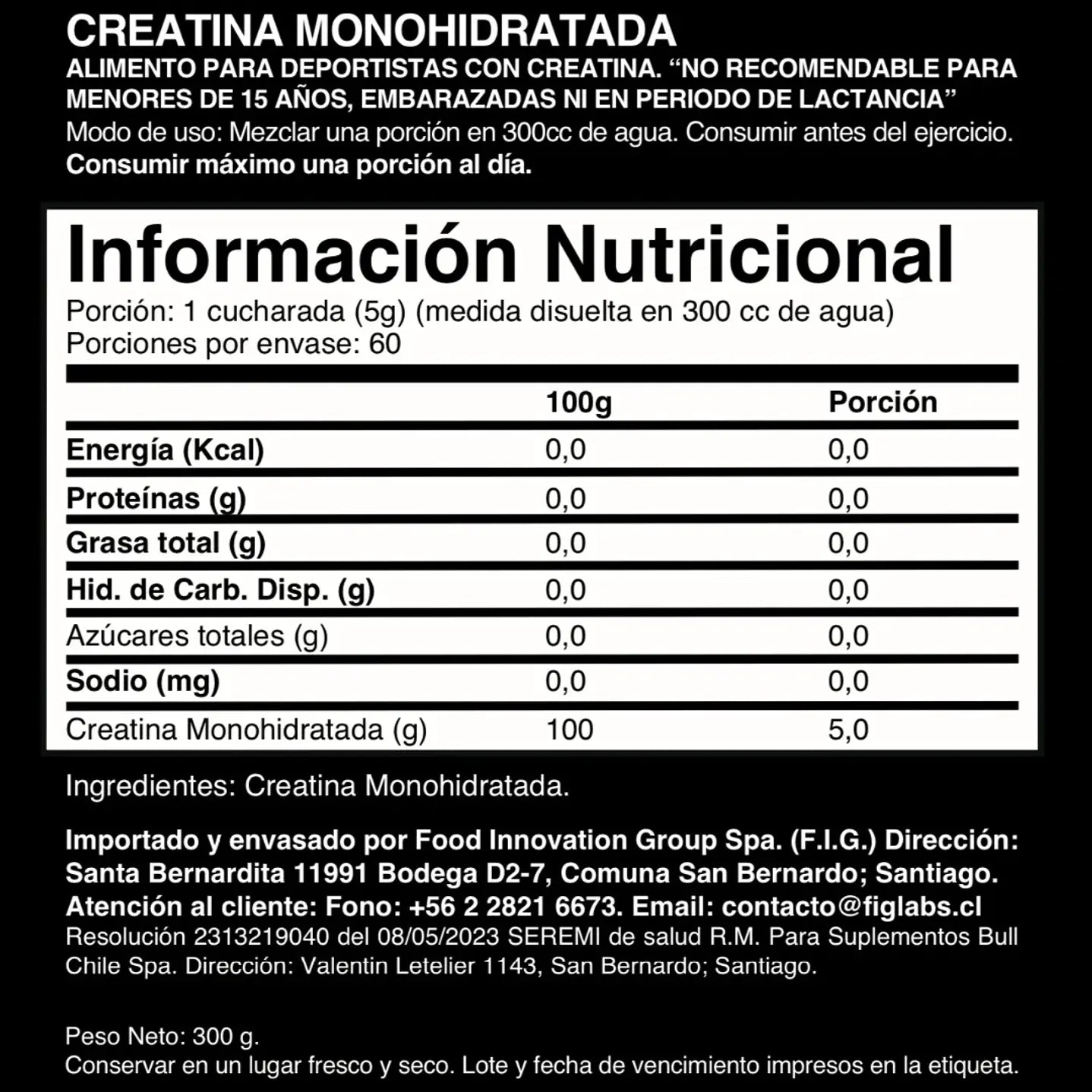 CREATINA MONOHIDRATADA 300 GR - BUFFALO LABZ / 60 SERVICIOS